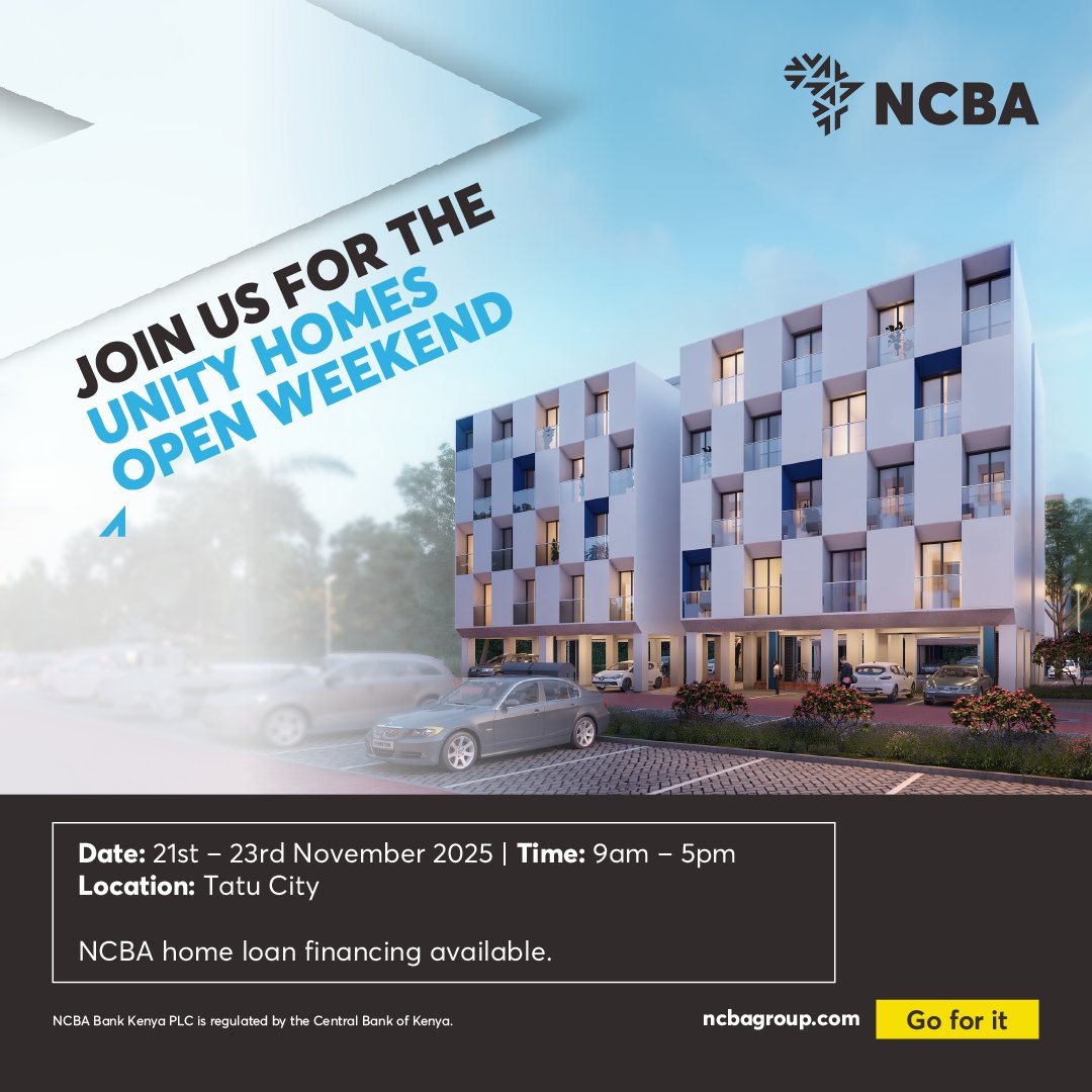 NCBABankKenya's tweet image. Join us from 21st to 23rd Nov 2025 for an immersive open weekend at Unity Homes, Tatu City. Discover prime investment opportunities &amp;amp; let our expert team guide you through seamless home loan financing. Register now: bit.ly/4i6dSVY T&amp;amp;Cs apply
#NCBATwendeMbele #Goforit