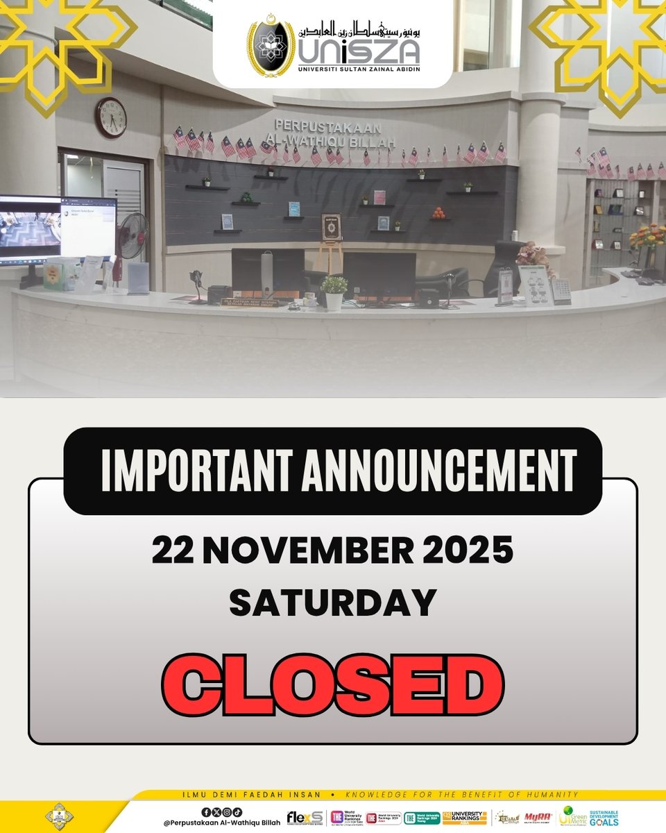 UniSZA_library's tweet image. Dear library users,
Please take note our operation hours.
Even we are closed, we still can be reached at perpustakaan.unisza.edu.my

#UniSZA
#perpustakaanalwathiqubillah
#pwbuniszaannouncement