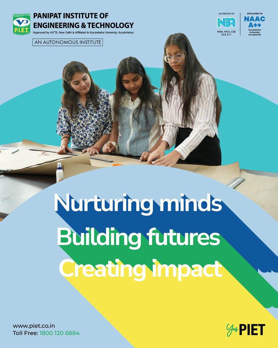 PIETPanipat's tweet image. Shaping innovators of tomorrow — where young minds collaborate, create, and rise. 🌟📘✨ #PIET #EngineeringEducation #FutureBuilders #InnovationMindset #StudentLife #CreateImpact #NurturingMinds