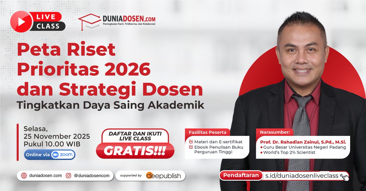 Duniadosen_com's tweet image. Ikuti Live Class Gratis Dunia Dosen: “Peta Riset Prioritas 2026 &amp;amp; Strategi Dosen Tingkatkan Daya Saing Akademik”

Rekan Dosen akan mendapatkan:
 ✨ Arah &amp;amp; fokus Riset Prioritas 2026
 ✨ Tips meningkatkan daya saing akademik

#DuniaDosen #LiveClass #RisetPrioritas #HibahPenelitian