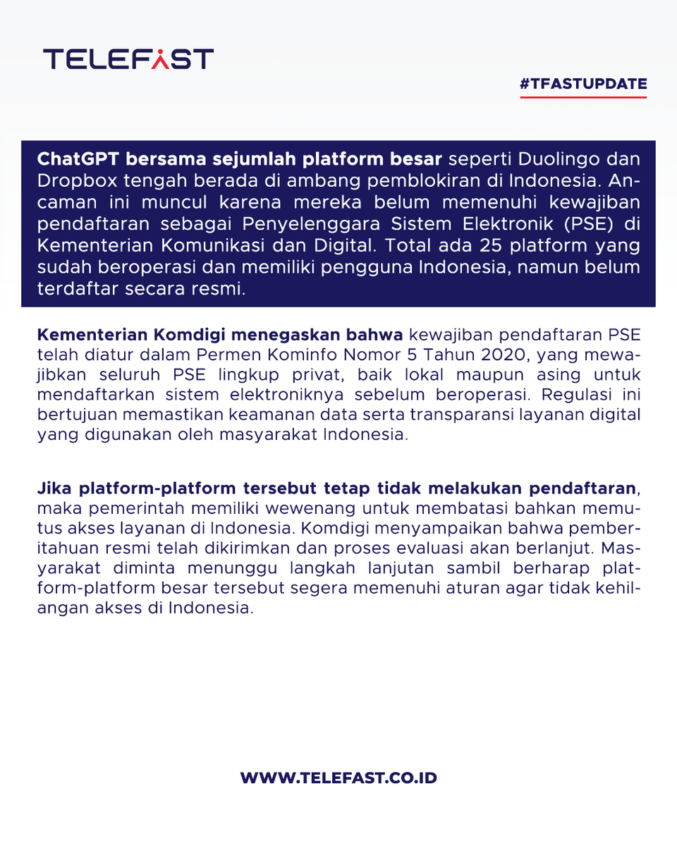 Telefast_id's tweet photo. #TFASTUPDATE
ChatGPT hingga Duolingo terancam diblokir karena belum daftar PSE. Pemerintah sudah kirim pemberitahuan dan akses bisa dibatasi jika tak segera mematuhi aturan.
#PSE #Kominfo #TechNews #DigitalUpdate https://t.co/2l52p4PbTz