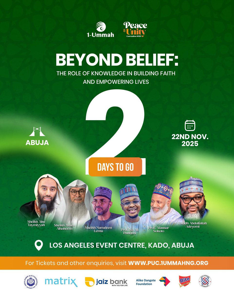 1ummahng's tweet photo. 2 days left. The moment of gathering. The hour for transformation. PUC 2025 where faith is deepened and lives are empowered.
#PUC2025 #1ummahng #abujagatherings #seekknowledge #knowledgedrivenfaith https://t.co/ntr5wlSzcL