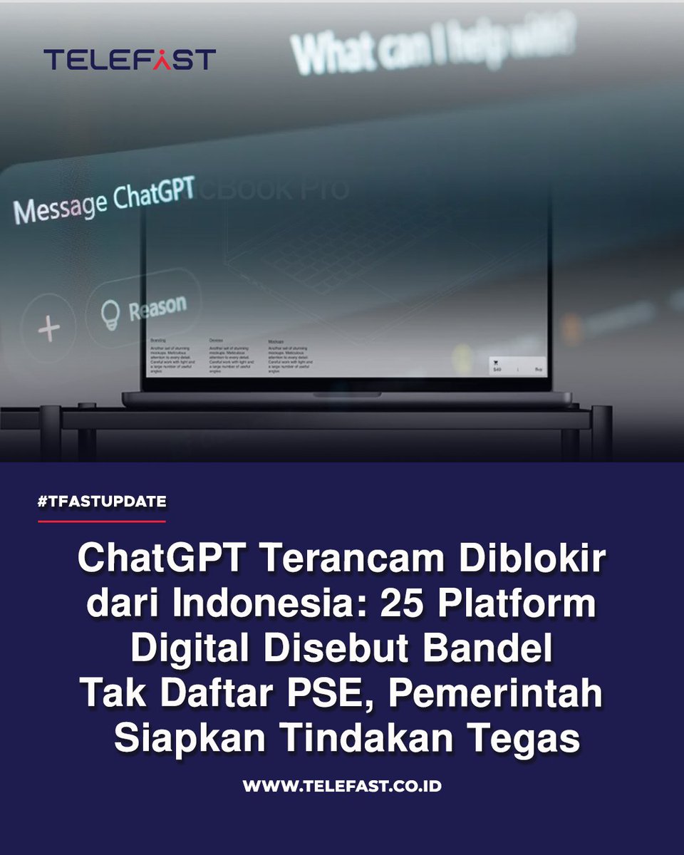 Telefast_id's tweet photo. #TFASTUPDATE
ChatGPT hingga Duolingo terancam diblokir karena belum daftar PSE. Pemerintah sudah kirim pemberitahuan dan akses bisa dibatasi jika tak segera mematuhi aturan.
#PSE #Kominfo #TechNews #DigitalUpdate https://t.co/2l52p4PbTz