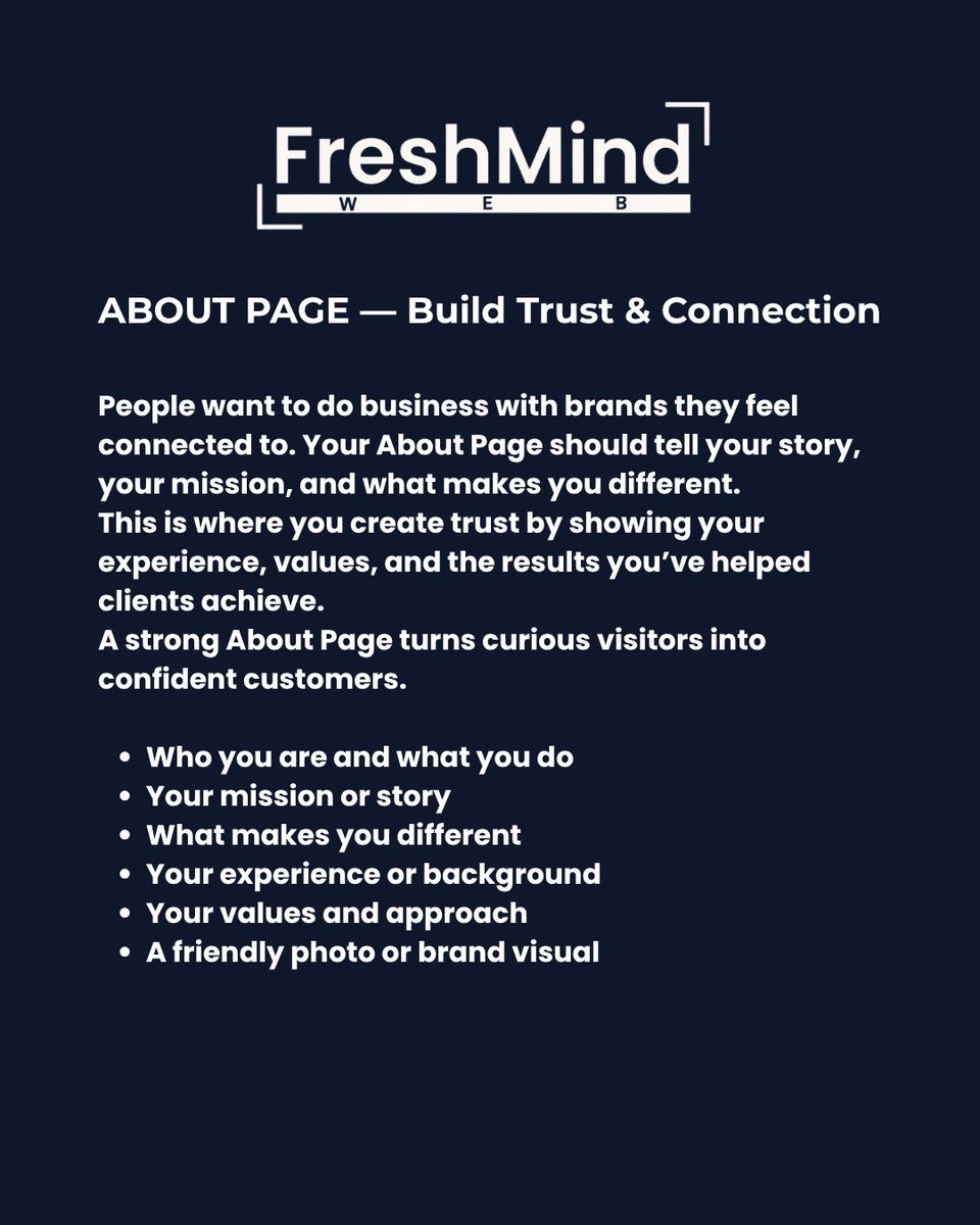 FreshmindWeb's tweet image. A high-performing website isn’t just about looking good — it’s about having the right pages that guide your visitors and build trust.

Your Home Page grabs attention and makes a strong first impression.
Your About Page creates connection and shows why people should trust you.