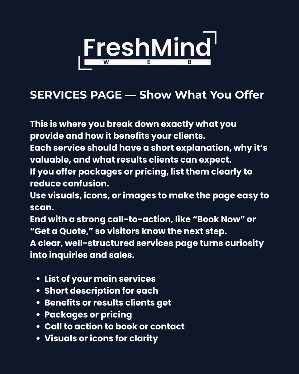 FreshmindWeb's tweet image. A high-performing website isn’t just about looking good — it’s about having the right pages that guide your visitors and build trust.

Your Home Page grabs attention and makes a strong first impression.
Your About Page creates connection and shows why people should trust you.