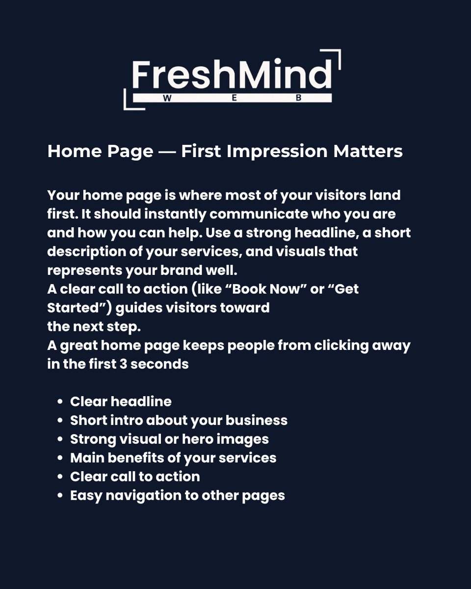 FreshmindWeb's tweet image. A high-performing website isn’t just about looking good — it’s about having the right pages that guide your visitors and build trust.

Your Home Page grabs attention and makes a strong first impression.
Your About Page creates connection and shows why people should trust you.