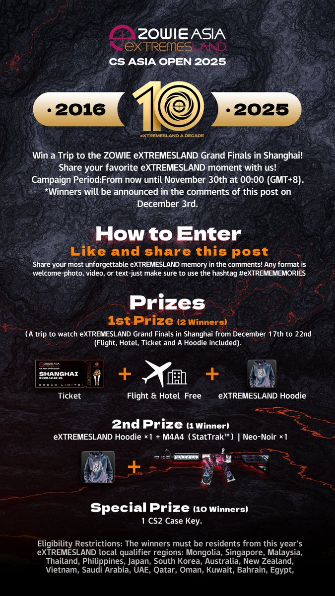 Share your #eXTREMEMEMORIES! 🌟 Win an all-inclusive trip to watch the eXTREMESLAND Grand Finals in Shanghai!
Contest Details, Timeframe, and Eligibility: Please check the attached image carefully.
Good luck! See you in Shanghai! ✈️
#eXTREMESLAND #ZOWIE #CS2