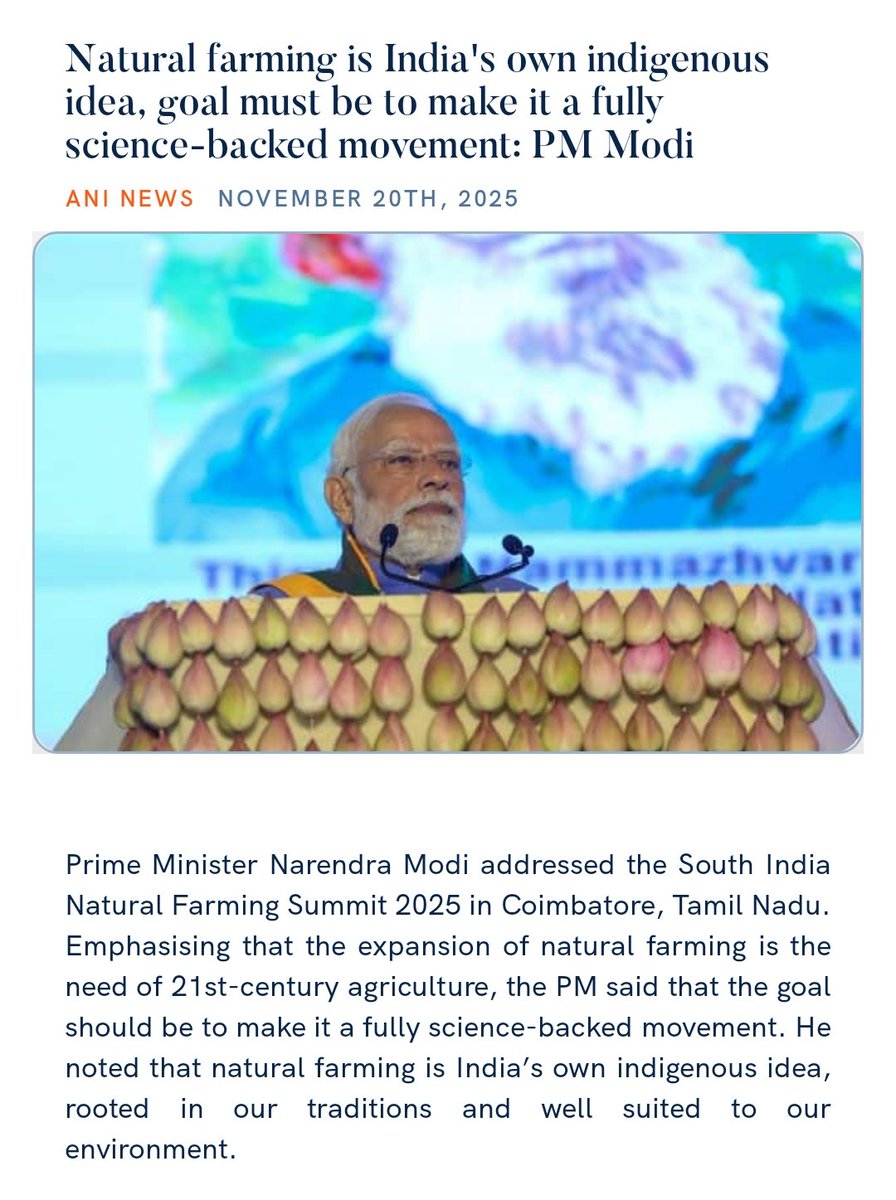 PMOIndia's tweet image. Natural farming is India&apos;s own indigenous idea, goal must be to make it a fully science-backed movement: PM @narendramodi 
aninews.in/news/national/… 

via NaMo App