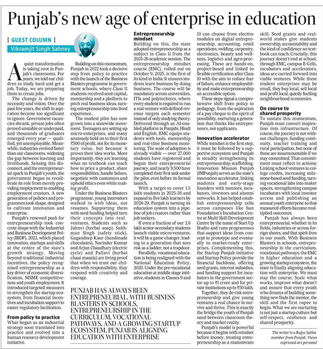 msisodia's tweet image. पंजाब की शिक्षा क्रांति का सबसे बड़ा बदलाव यही है कि अब स्कूल और कॉलेज में पढ़ रहा हर बच्चा सिर्फ़ नौकरी खोजने के लिए नहीं,
बल्कि अपना business idea सोचने और उस पर काम करने के लिए तैयार किया जा रहा है।

और यह choice-based नहीं बल्कि पूरी तरह compulsory है। पूरे देश में यह पहली…