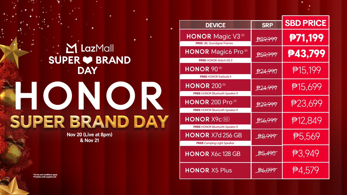 HONOR drops huge deals for Lazada Super Brand Day Sale! 🔥
✨ Magic V3: Php 71,199 (from 89,999)
✨ Magic6 Pro: Php 43,799 (from 59,999)
✨ Up to 48% off + Php 11,990 freebies
🛒 Nov 20–21 only
#HONORPH #LazadaSuperBrandDay #HONORSale