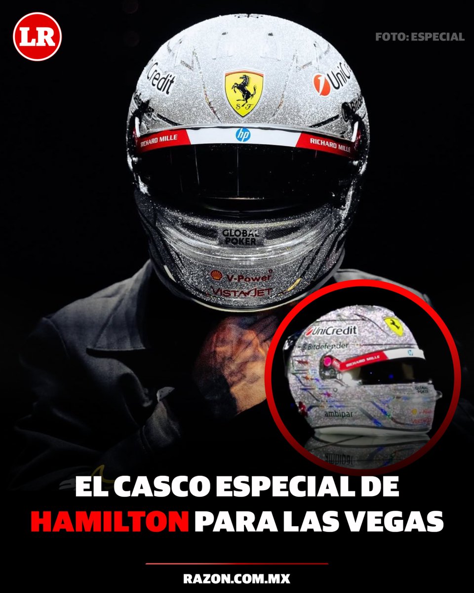 LaRazon_mx's tweet photo. 🎰 ¡Lujo en la pista! 🏁 El piloto británico Lewis Hamilton deslumbró una vez más a los fans de la Fórmula 1 al revelar su diseño de casco especial para el Gran Premio de Las Vegas.🏎️ El accesorio fue descrito como "¡IMPRESIONANTE!" 💬
#LewisHamilton #F1 #GPdeLasVegas #Formula1 #CascoEspecial #LasVegas