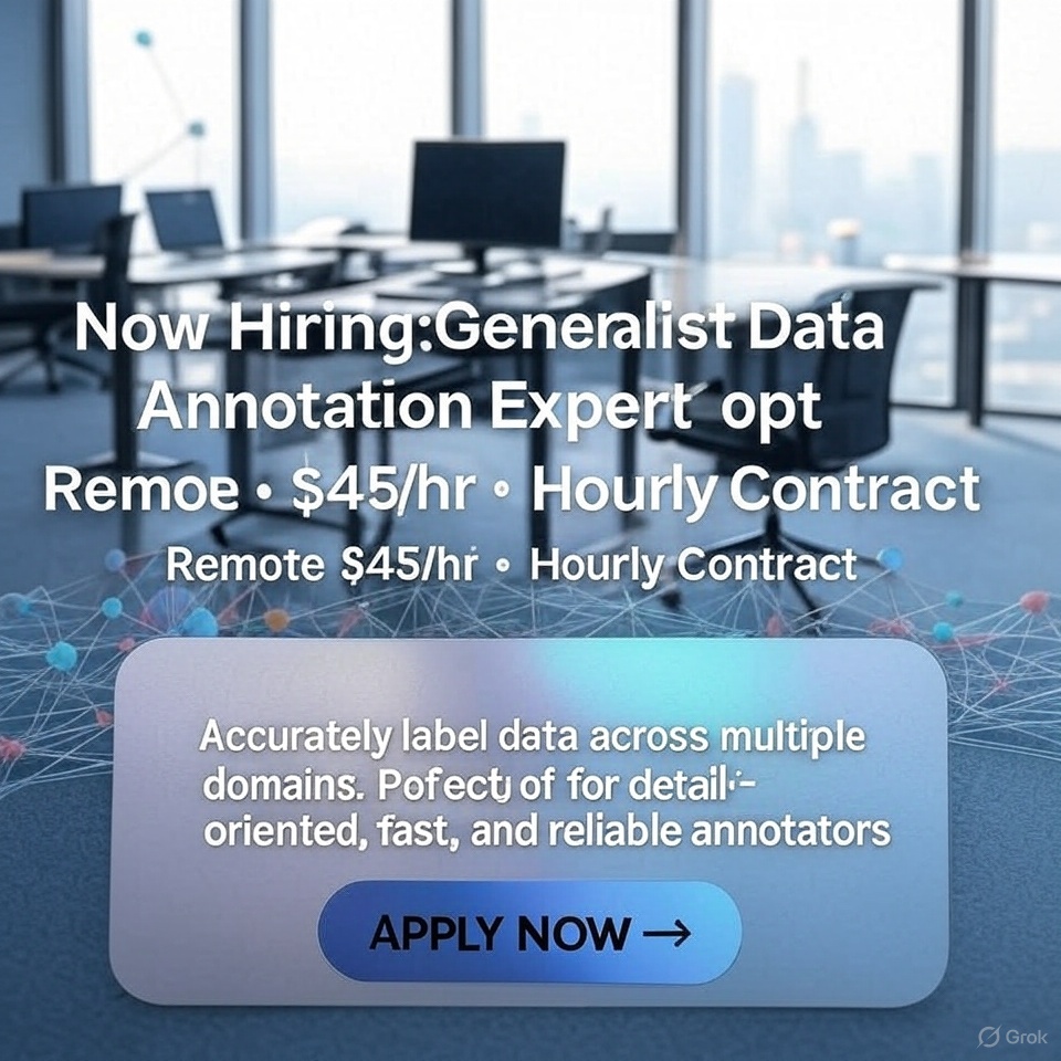 Kwakwakatlego's tweet image. 📝✨ Now Hiring: Generalist Data Annotation Expert
🌍 Remote | 💰 $45/hr | ⏳ Hourly Contract
 
🚀 Apply: work.mercor.com/jobs/list_AAAB…

#Hiring #DataAnnotation #RemoteJobs #AITraining #WorkFromHome #TechJobs #Annotators #FreelanceJobs #JobAlert #OnlineWork