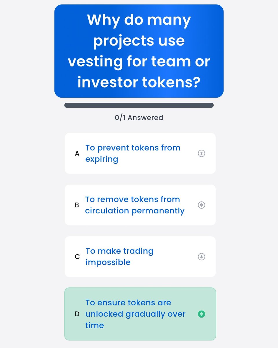 CryptoBetula's tweet image. 🧩 Syntax Vesting Logic!

🗓️ Thursday, 20.11.2025.
📘 Patience structures fairness, unlocking value only when the time is right.
✏️ Mark D to stay aligned with long-term discipline!

#SyntaxVerse #TokenVesting #DeFiKnowledge #Web3Learning #CryptoQuiz