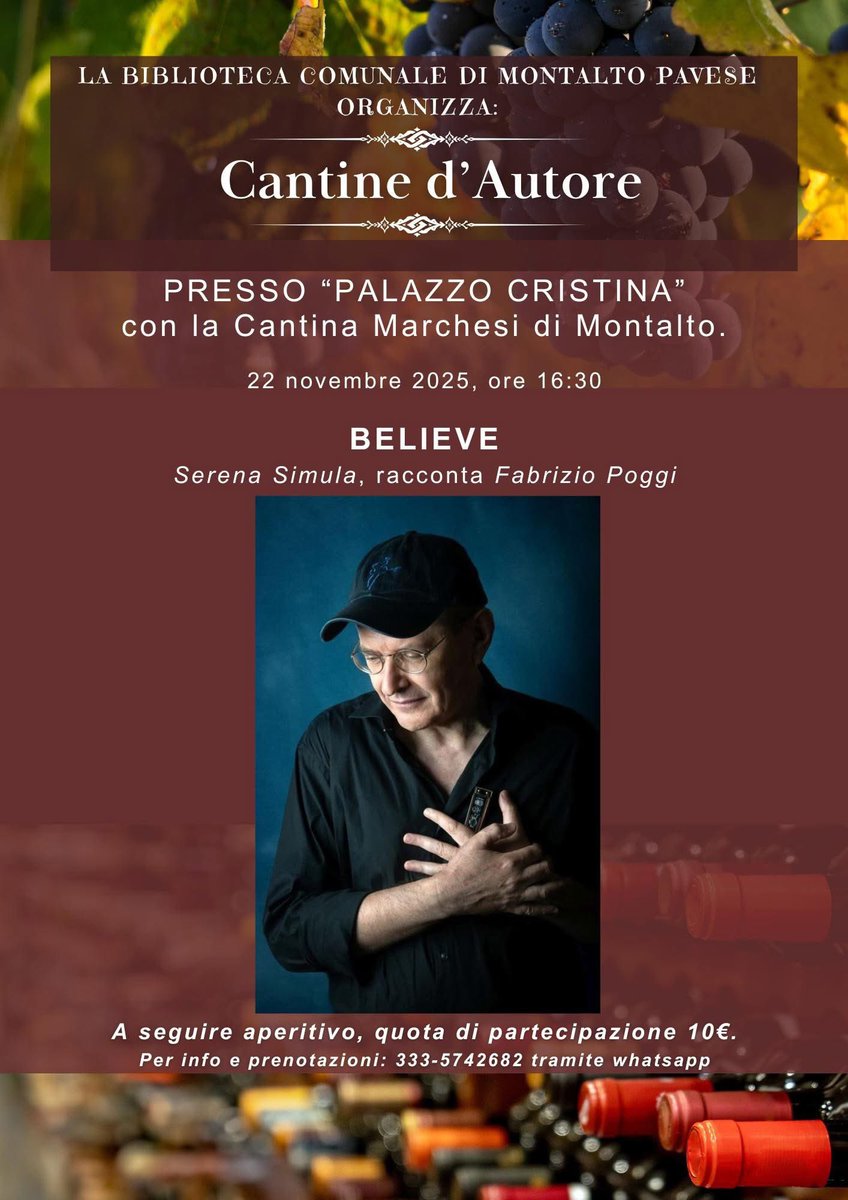 📌 𝗦𝗔𝗕𝗔𝗧𝗢 𝟮𝟮 𝗡𝗢𝗩𝗘𝗠𝗕𝗥𝗘 𝗮𝗹𝗹𝗲 𝟭𝟲.𝟯𝟬
a 𝗠𝗢𝗡𝗧𝗔𝗟𝗧𝗢 𝗣𝗔𝗩𝗘𝗦𝗘 presso PALAZZO CRISTINA  per la rassegna CANTINE D’AUTORE presenteremo BELIEVE. 
🙏 Grazie alla Biblioteca di Montalto Pavese, Maria Rita Savini e alla Cantina Marchesi di Montalto