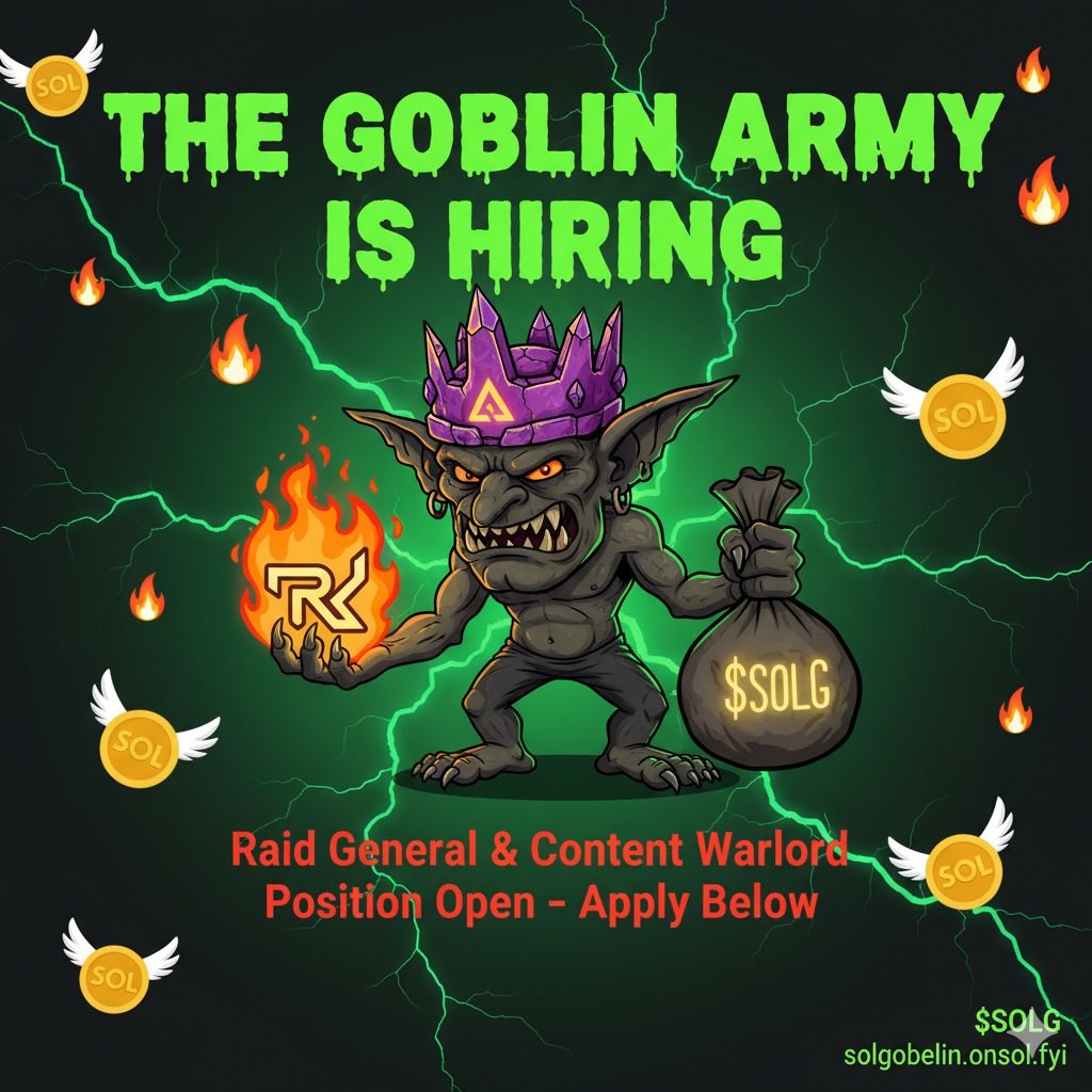 omar_of_web3's tweet image. Gm Solana fans💚🗡️, I just went all-in on @SolGobelin. This isn&apos;t just a meme; it&apos;s the start of a wild, chaotic, and genuinely risky goblin army on Solana, and I&apos;m here for it.

Check the full application + free value drop below 👇🏻 $SOLG | solgobelin.onsol.fyi