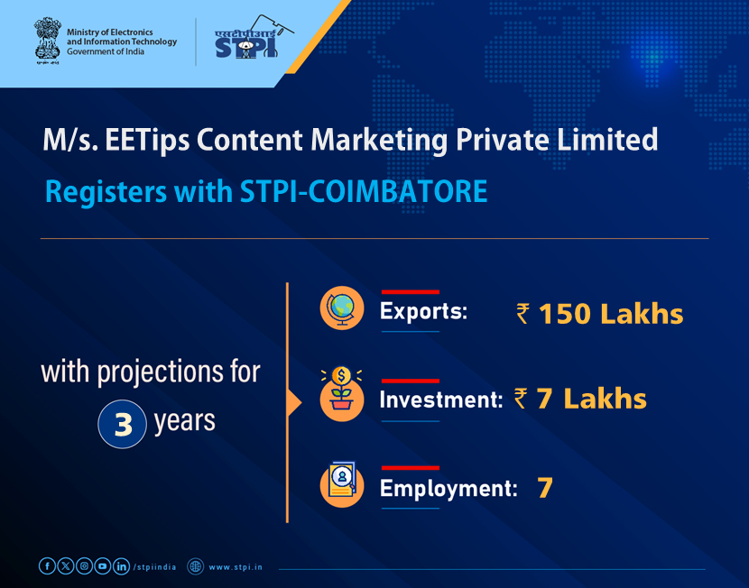 STPICoimbatore's tweet image. Welcome M/s. EETips Content Marketing Private Limited #Coimbatore! Looking forward to a successful journey ahead.  
#GrowWithSTPI #DigitalIndia #STPIINDIA #StartupIndia #STPIRegdUnit @AshwiniVaishnaw @JitinPrasada