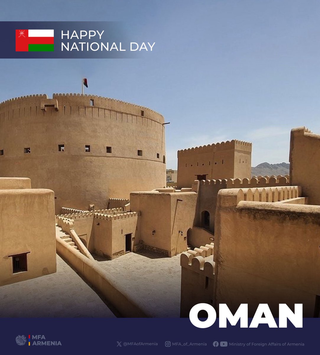 MFAofArmenia's tweet photo. Our heartfelt congratulations
&amp; best wishes to the friendly people &amp; Government of the Sultanate of #Oman on the occasion of the #NationalDay. 

We value our trustful relations &amp; look forward to further strengthening bilateral cooperation in the years to come. https://t.co/qKYKMuTIvK