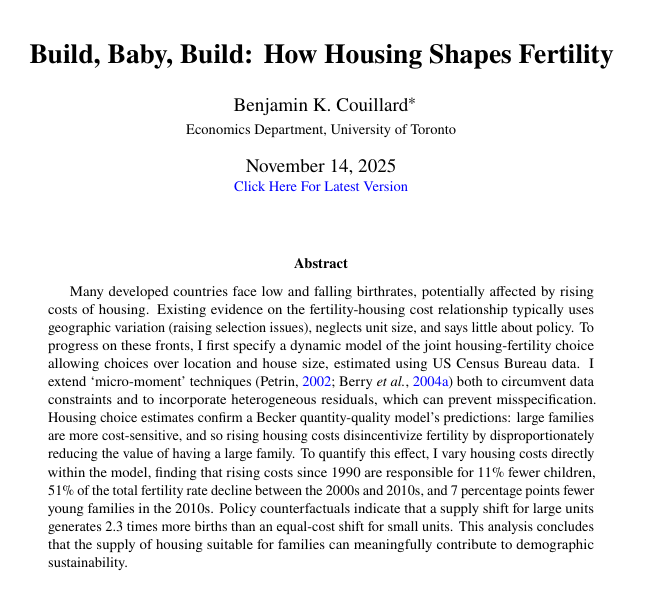 This is an absolutely fascinating paper that might go a long way to explain the current drop in birth rates in much of the world: high housing costs = low fertility.

The paper (which you can find here: br.ti.org/pdfs/BuildBaby…) looked mostly at US data and finds that if houses
