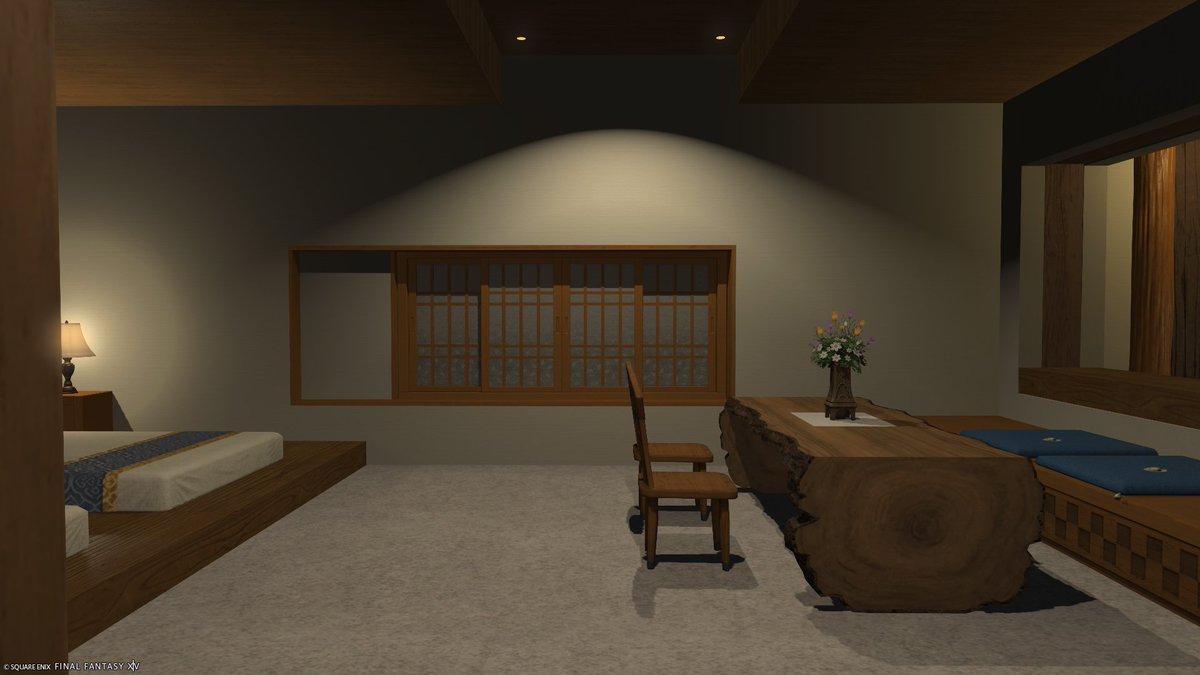 Mハウス内装オープンβ版完成しました
デザイン参考：和モダン・旅館
グリダニアに出来たクガネ風旅館のツインの客室をイメージ
中庭の草は低高度浮かせを使っています
Ixionラべ26-30
#FF14ハウジング