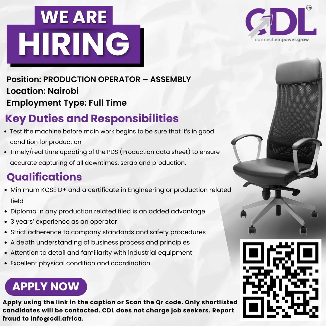 CDLAfrica's tweet image. We’re Hiring: PRODUCTION OPERATOR – ASSEMBLY – Thika

The ideal candidate will perform daily equipment maintenance, monitor production processes, minimize waste.
Apply Here: zurl.to/L6hw?source=Ca…
#MachineOperator #ThikaJobs #ApplyNow #HiringNow #WeAreHiring #IkoKazi #CDLAfrica