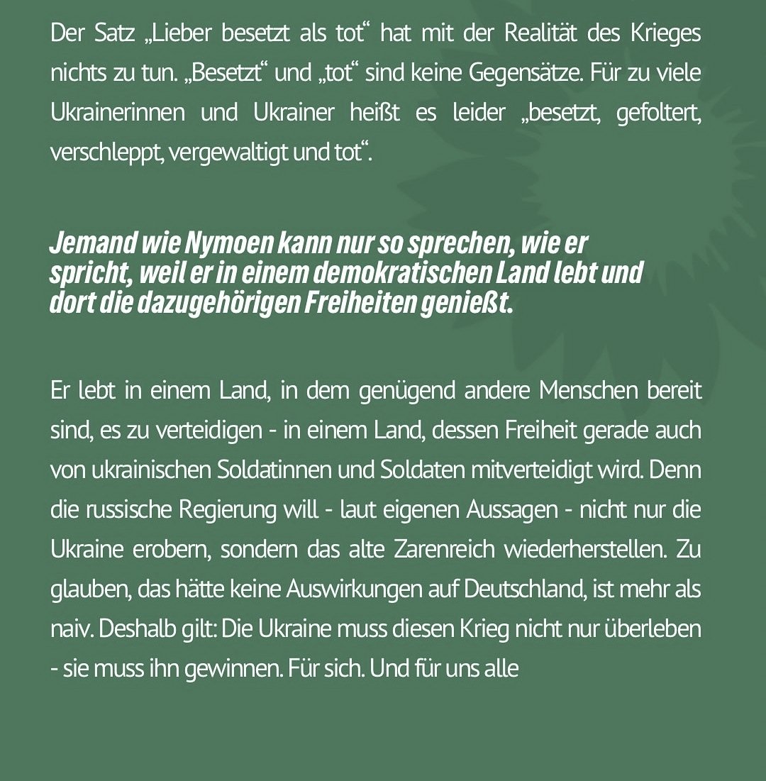 "Lieber besetzt als tot!" ruft <a href="/nymoen_ole/">Ole Nymoen</a> in jede Kamera, die er finden kann.

<a href="/ToniHofreiter/">Toni Hofreiter</a> war seit Beginn des russischen Überfalls 6 × in der Ukraine &amp; berichtet hier mal, was "besetzt" unter russischer Herrschaft bedeutet: