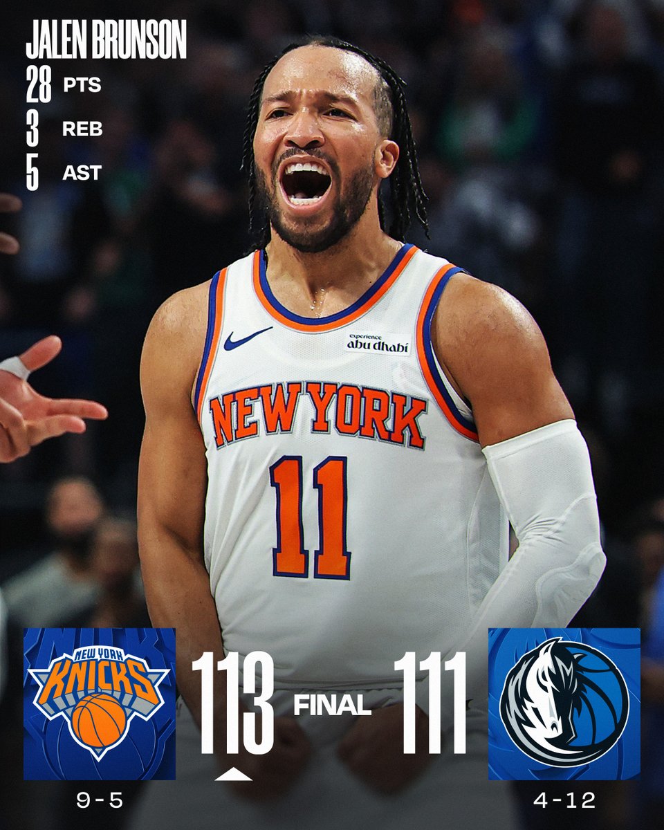 🏀 WEDNESDAY'S FINAL SCORES 🏀
Jalen Brunson makes his return to the court as the Knicks win a nail-biter in Dallas!
Karl-Anthony Towns: 18 PTS, 14 REB, 6 AST
D’Angelo Russell: 23 PTS, 7 AST, 4 3PM
Naji Marshall: 23 PTS, 5 REB