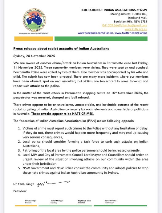 dryadusingh's tweet image. @FianInc&apos;s press release on attacks on Indian Australians in Sydney. @ChrisMinnsMP @Charlton_AB   @markcourelive, @DonnaDavisMP @m_culturalnsw @Joseph_LaPosta @SteveKamperMP @MRowlandMP @parracity @AlboMP @sussanley @smh @dailytelegraph @abcnews @GuardianAus @2GB873 @SBSHindi…