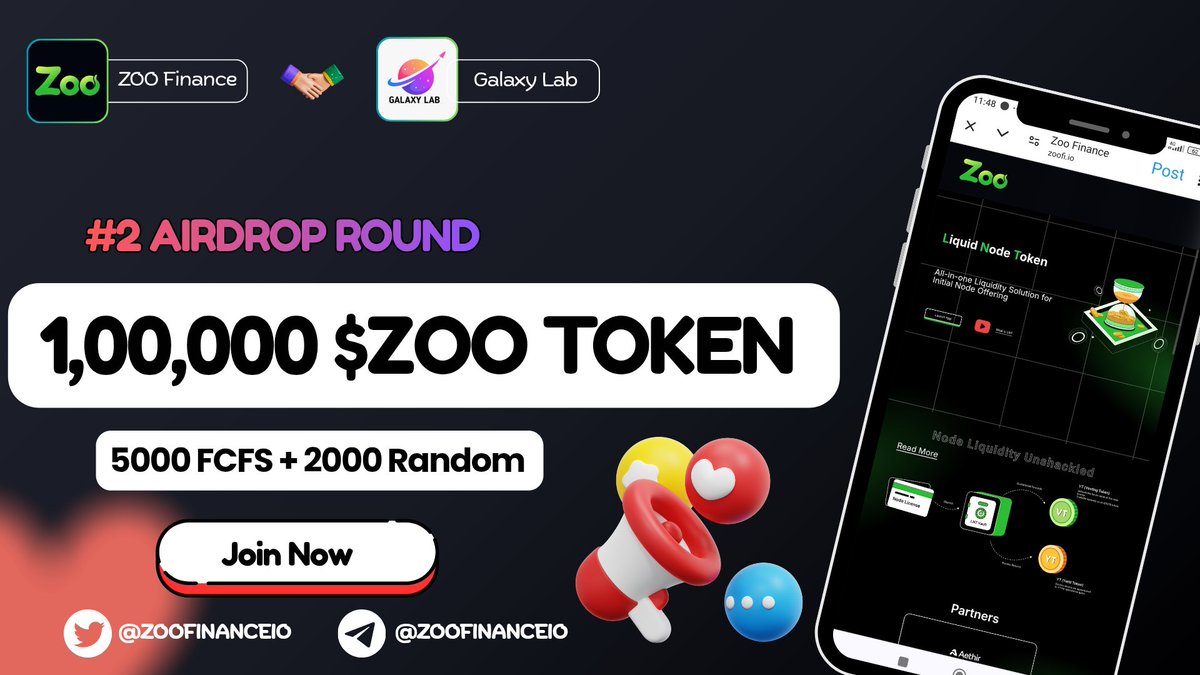 Galaxylabss's tweet image. 🥳 Zoo Finance x Galaxy Lab FCFS 2nd Round #Airdrop 

🏆Prize Pool:- 1,00,000 $ZOO Token 
🏃First 5000 + 🧑‍🤝‍🧑 Random 2000 USERS! 

To Enter:-
✅ Follow @ZooFinanceIO &amp;amp; @Galaxylabss
✅ RT &amp;amp; Tag 3 Friends
✅ Complete Form ⤵️
forms.gle/gEi9rrueWV2vXh…

#Airdrop #Giveaway #Crypto #IDO…