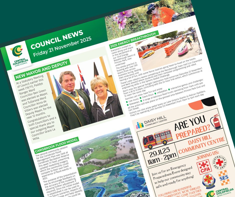 📰 Check our weekly update..
read/download from our website at:
centralgoldfields.vic.gov.au/21Nov2025 👉

This week's wrap includes:
🏣 New leadership
🧐Carisbrook's new modelling
🚒 Daisy Hill prepping event
🏃‍♀ Energy Breakthrough Update
📆 Council Meeting next week