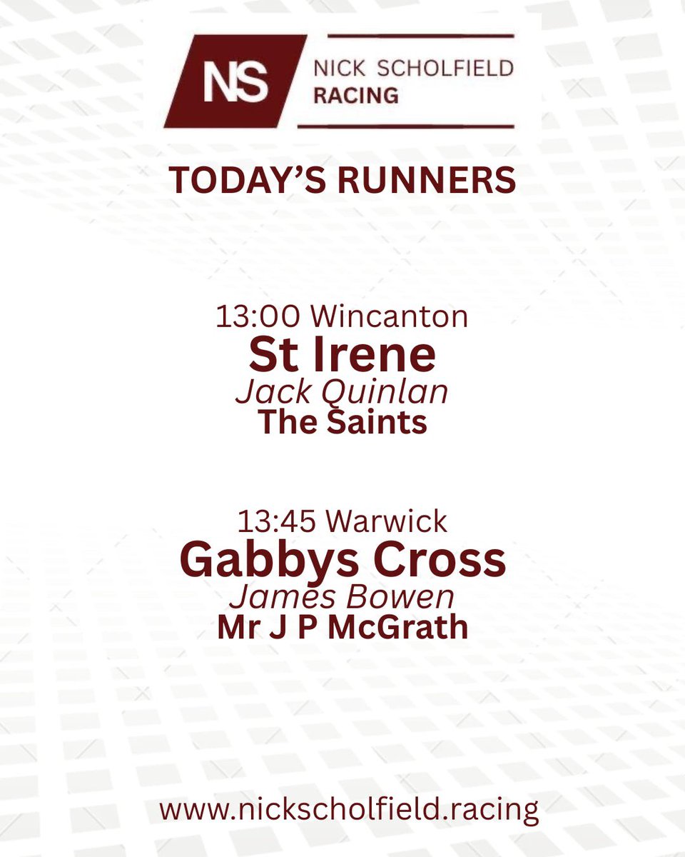 Two runners out for the team today! 

St Irene heads to <a href="/wincantonraces/">Wincanton Racecourse</a> for the 13:00, running for The Saints with <a href="/jackquinlan92/">Jack Quinlan</a> on board.

Gabby’s Cross goes to <a href="/WarwickRaces/">Warwick Racecourse</a> in the 13:45, partnered with <a href="/james_bowen_/">James Bowen</a> for Mr J P McGrath.

Best of luck to all connections!