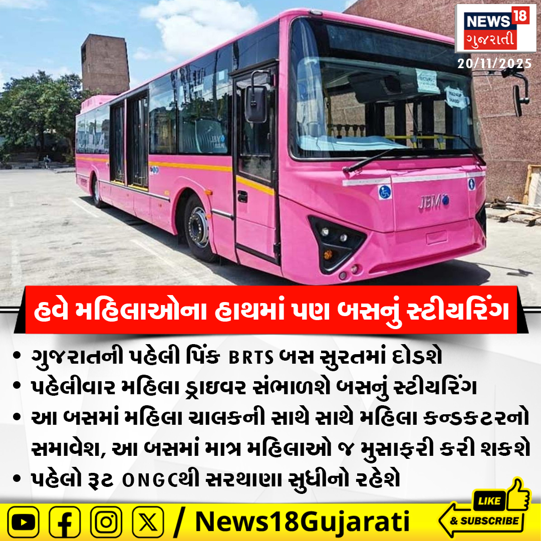 News18Guj's tweet photo. ગુજરાતની પહેલી પિંક BRTS બસ સુરતમાં દોડશે, આ બસમાં મહિલા ચાલકની સાથે સાથે મહિલા કન્ડકટરનો સમાવેશ, આ બસમાં માત્ર મહિલાઓ જ મુસાફરી કરી શકશે
#Surat #SuratBRTS #BRTSBus #PinkBus #ladydrivers #News18Gujarati https://t.co/ssb15O3FRi