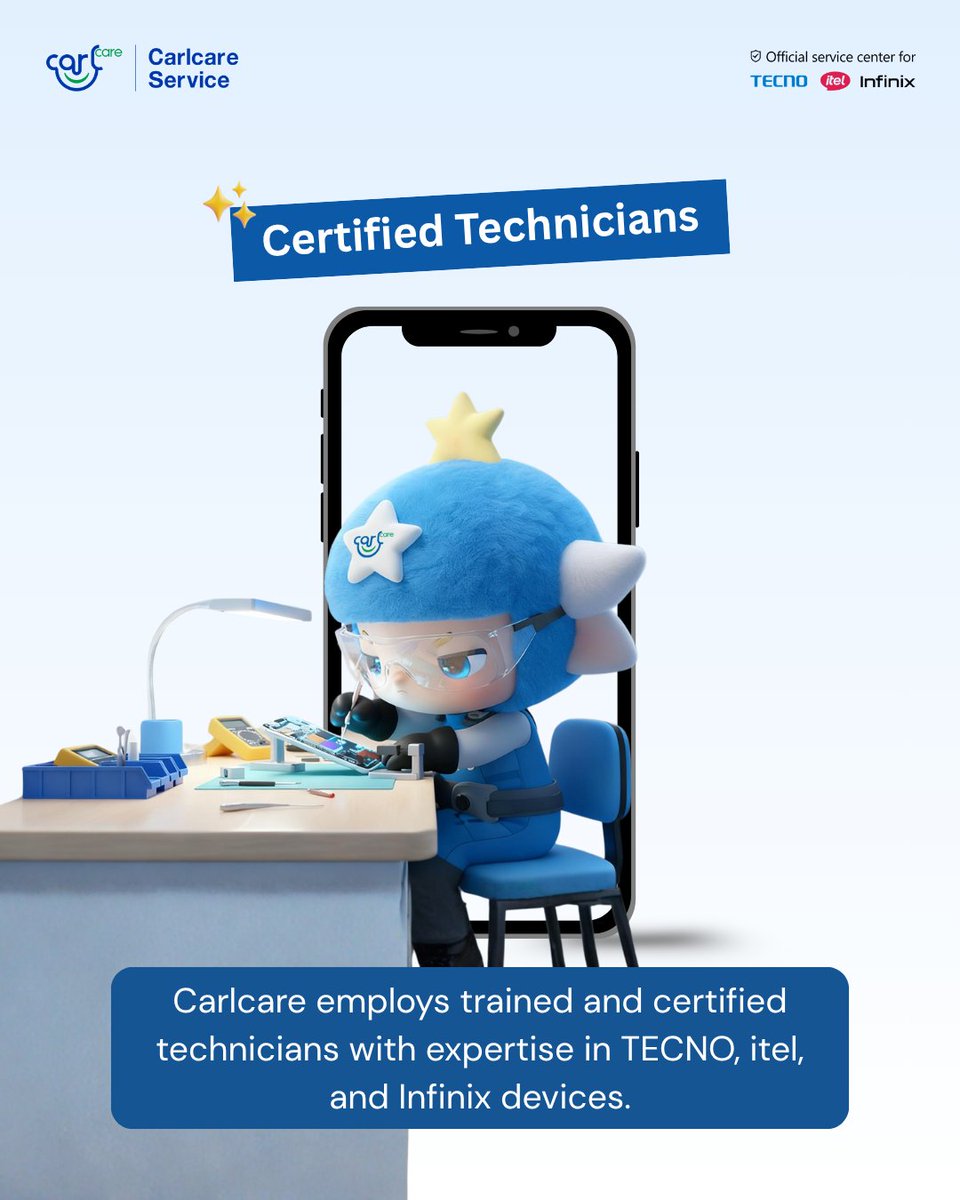 Carlcareug's tweet image. Your phone is in good hands! 👨‍🔧💙

Carlcare’s certified technicians are trained to fix TECNO, itel, and Infinix devices with precision and care.

📍 Drop by your nearest Carlcare service center today!
#TechSupport #phone #repair #itel #TECNO #Infinix
