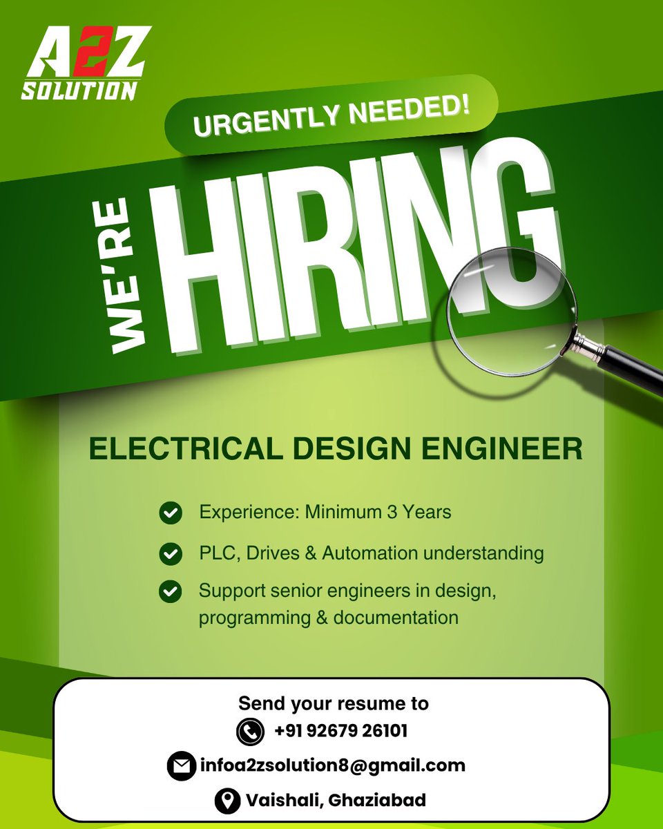 SunderBhati01's tweet image. ⚡ URGENT HIRING – Electrical Design Engineer
Join a growing team and boost your engineering career with A2Z Solution – Your Ultimate Placement Partner

#A2ZSolution #UrgentHiring #ElectricalDesignEngineer #EngineeringJobs #PLC #Automation #GhaziabadJobs #TechnicalJobs #Free