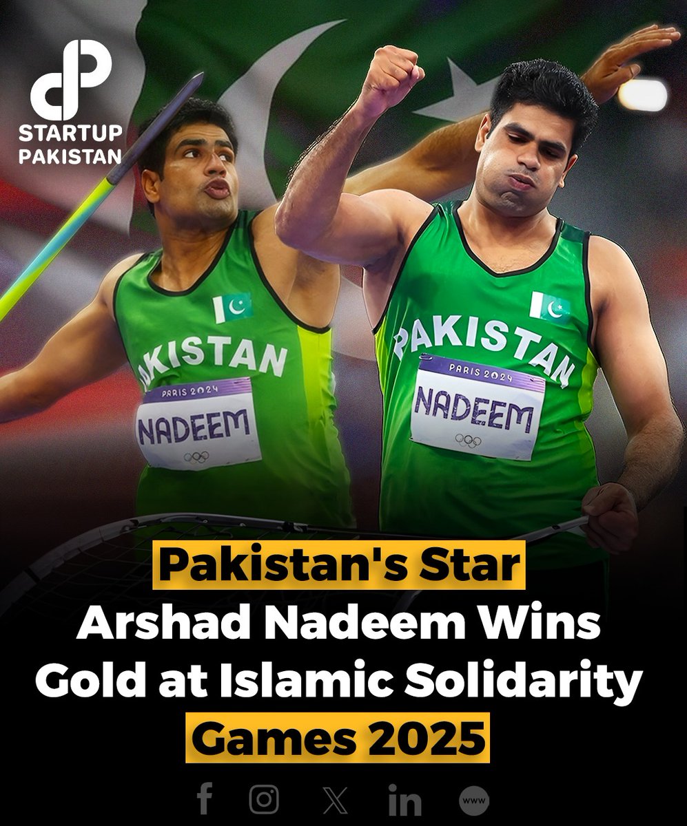 PakStartup's tweet image. Pakistan’s Olympic hero Arshad Nadeem once again proved his class as he defended his javelin title at the Islamic Solidarity Games in Riyadh. His 83.05m throw brought pride to the nation.

#ArshadNadeem #JavelinThrow #PakistanAthletics