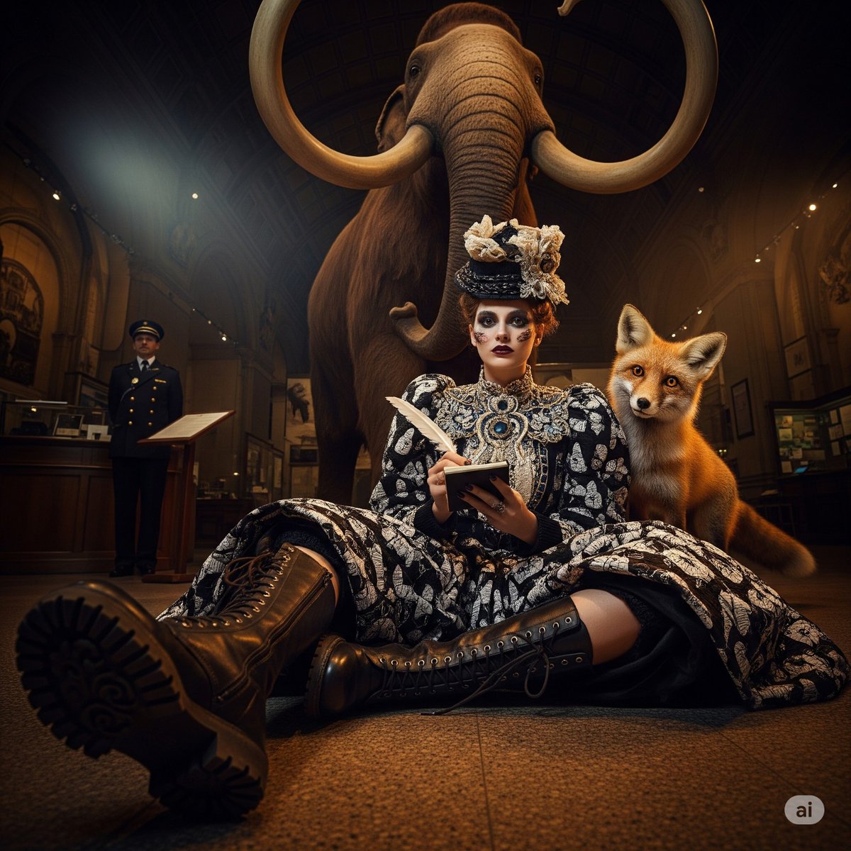 syntaxaegis's tweet image. She takes dictation from the fox; the mammoth merely edits. Everything else in the museum is hush money.

#couture #aiart #style #surrealart #conceptualphotography