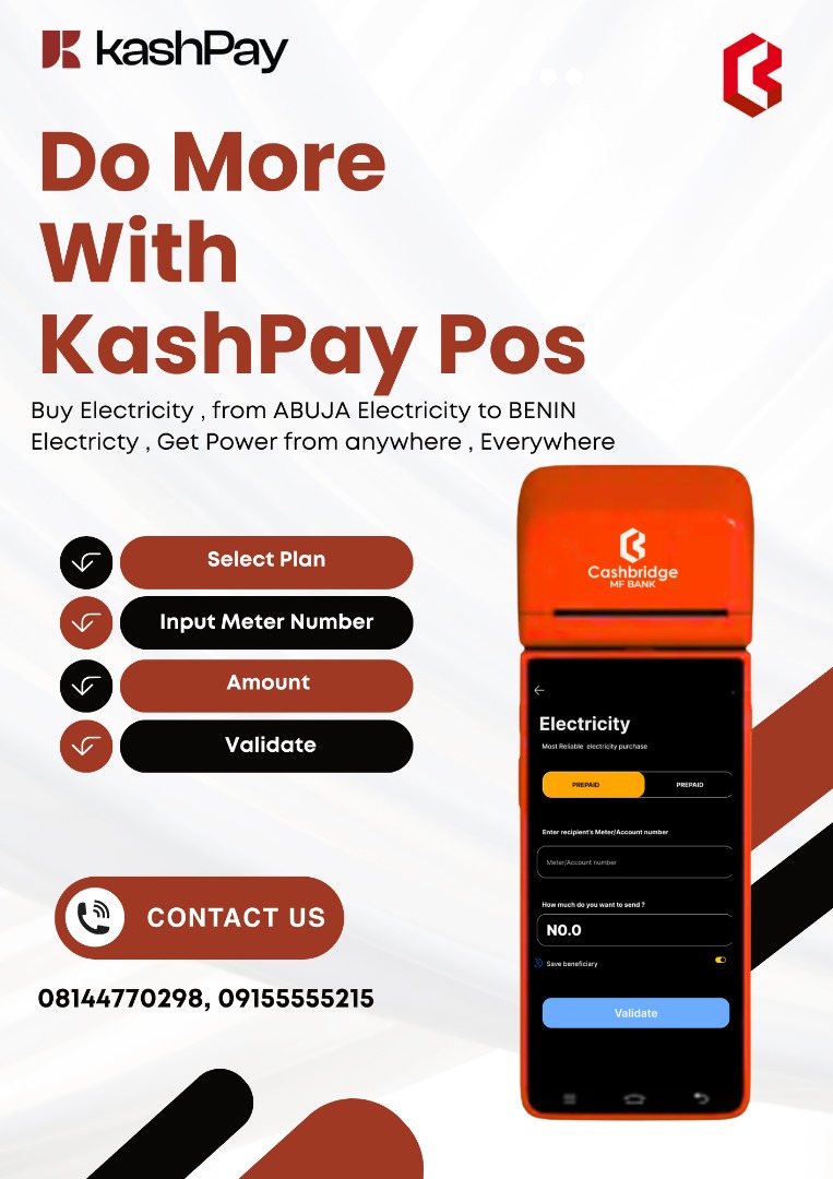 cashbridge_mfb's tweet image. Why stay in the dark?
Power up with KashPay POS  electricity purchase made super easy
No light? No wahala! Get your light back in seconds with KashPay POS powered by cashbridge mf bank 
#KashPay #CashbridgeMFB #EasyPayments #BuyLight #POSAgentNigeria #QuickService