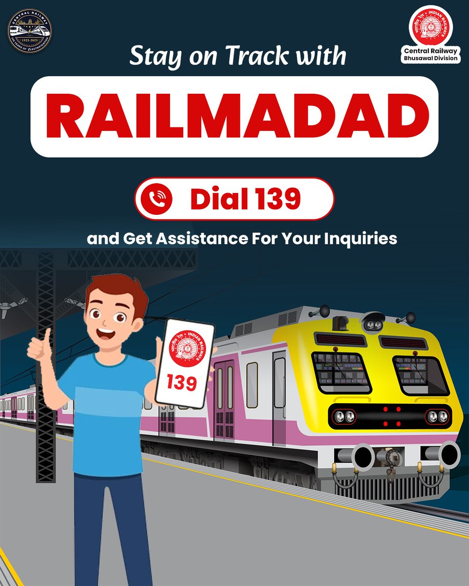 BhusavalDivn's tweet image. Stay on track with #RailMadad! 🚆
Need help during your journey? Just dial 139 for quick assistance and reliable support from Indian Railways.
Your safety and convenience are our priority. 🙌
#IndianRailways #RailwayHelp #Dial139Text