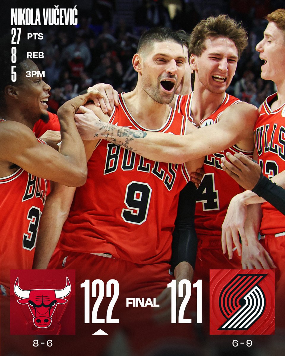 🏀 WEDNESDAY'S FINAL SCORES 🏀

Coby White kicks it out to Nikola Vučević who hits the @TISSOT buzzer-beater for the Bulls!

Coby White: 25 PTS, 7 AST, 5 3PM
Jerami Grant: 33 PTS (season-high), 5 3PM
Deni Avdija: 32 PTS, 11 REB, 11 AST (career-high)
Donovan Clingan: 17 PTS, 21  