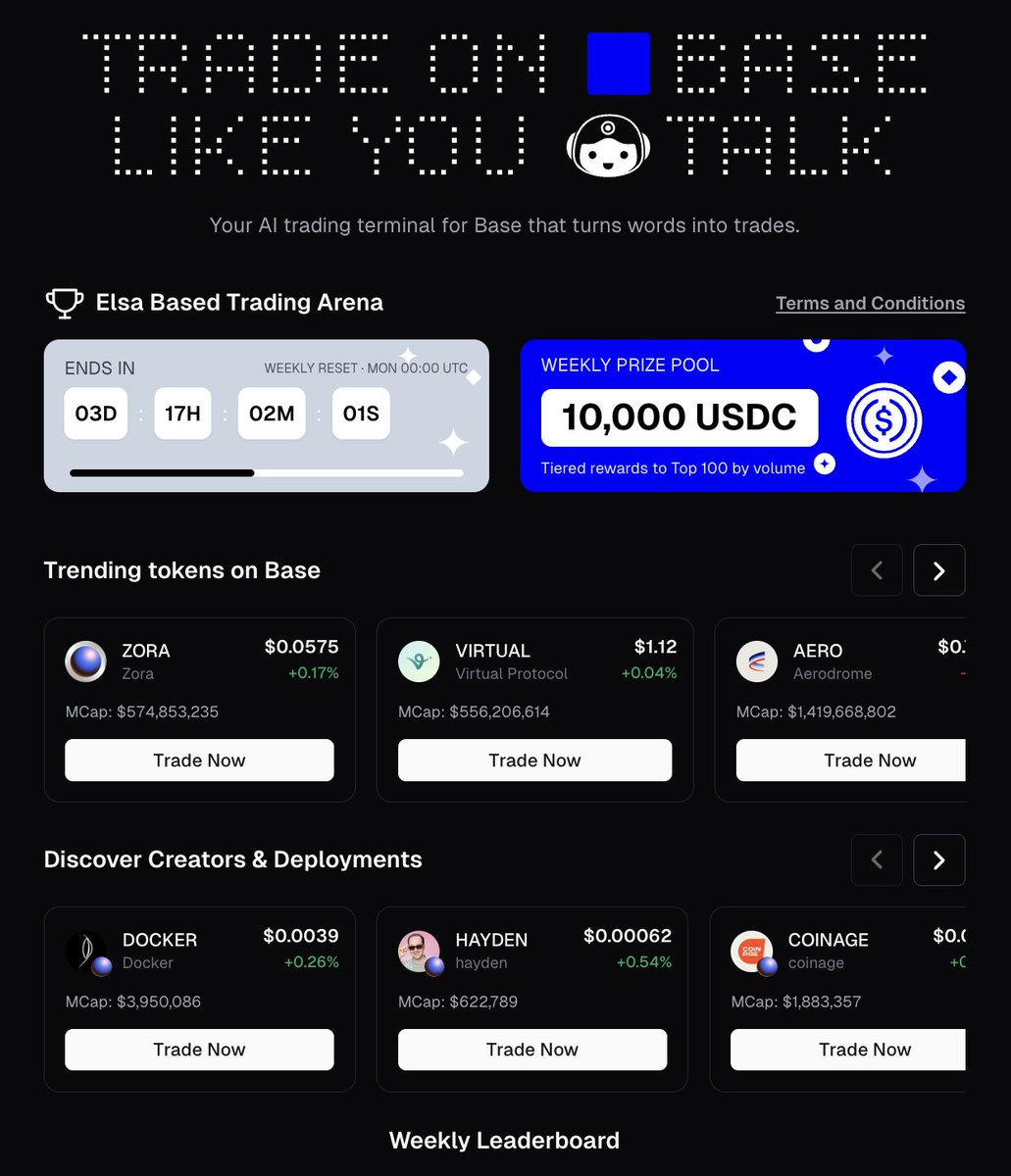 HeyElsaAI's tweet image. We just made the Elsa Based Trading Arena bigger. 🩵 

- Prize pool increased from $5K → $10K USDC 
- New tiered rewards for ranks 1–100 
- Updated volume rules: 25% weight for stablecoin swaps, bridge-to-Base now included 
- Better trading experience than before  

Trade on…