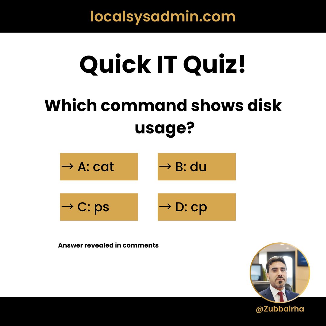 Zubbairha's tweet image. Pop Quiz! 🧠

Server storage full? Which command saves the day?

👇 Drop your answer below (A, B, C, or D).

(Don&apos;t cheat by checking the man pages! 😉)

#Linux #TechQuiz #SysAdmin #CommandLine #Bash