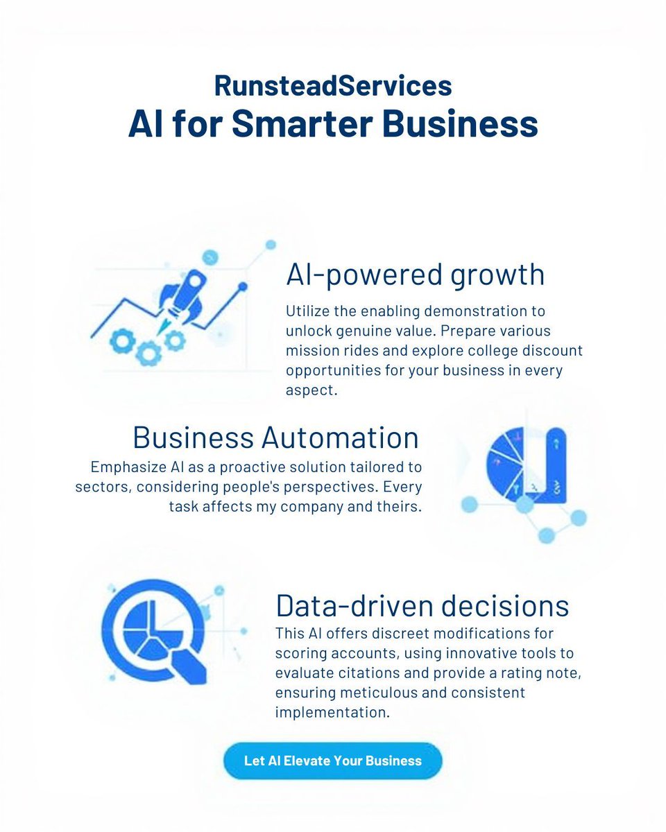 runsteadai's tweet image. Unlock the power of AI to drive growth, automate processes, and make smarter decisions. At RunsteadServices, we equip your business with the tools to thrive in a data-driven world.
#RunsteadServices #AIForBusiness #SmartGrowth #BusinessAutomation