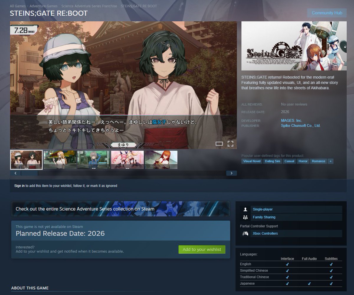 Wario64's tweet image. STEINS;GATE RE:BOOT Steam page is up (out 2026) store.steampowered.com/app/4012810/ST…