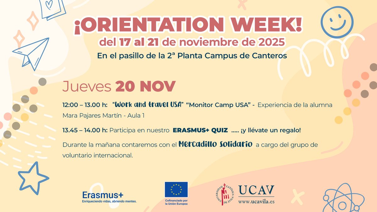 UCAVILA_'s tweet image. ¿Alguna vez has pensado en trabajar en EE.UU? 🙋‍♀️ La alumna Mara Pajares nos cuenta su experiencia #WorkandTravel en #USA 

⌚ Os esperamos a las 12:00h📍en el AULA 1 (primera planta) 

...y luego acierta el Eramus+ Quiz y llévate un premio 🎁