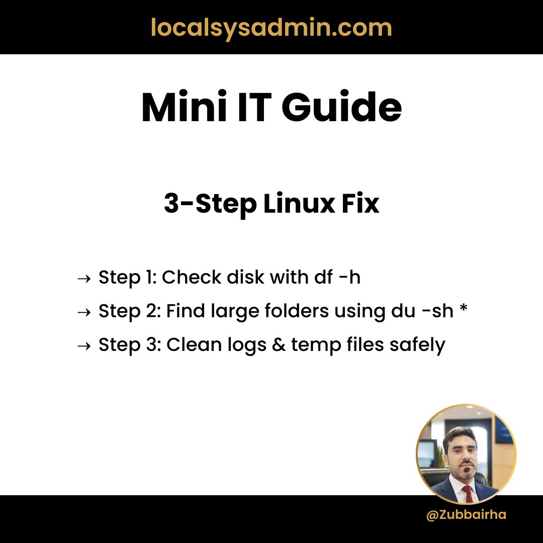 Zubbairha's tweet image. Disk full? Don&apos;t panic. 🐧

Here is the 3-step rapid response: 
1️⃣ Check usage (df -h) 
2️⃣ Find the culprit (du -sh *) 
3️⃣ Clean safely.

Save this workflow for your next outage.

#LinuxTips #ServerManagement #SysAdminLife #TechTips