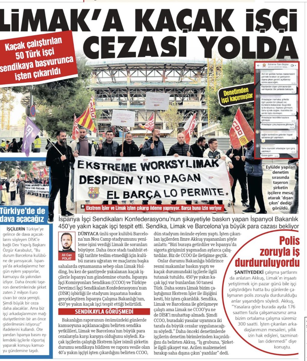 AALICANPOLAT's tweet image. 📍LİMAK ve Barcelona’ya kaçak işçi cezası geliyor 

📌 Stadyum yenileme inşaatı yetişmediği için büyük zarar eden Barcelona kulübü şimdi de kaçak işçi çalıştırılması ile gündemde

📌Yenileme işini yapan Limak’ın taşeron firması, çalıştırdığı yabancı işçilerin kaydını yapmadı.…