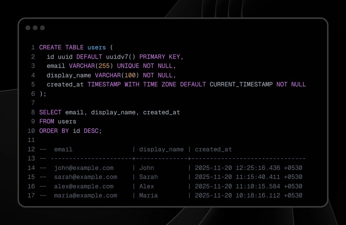 KaraBharat's tweet image. With UUIDv7 in PostgreSQL 18, ORDER BY now gives you records in the order they were actually created.

#PostgreSQL
