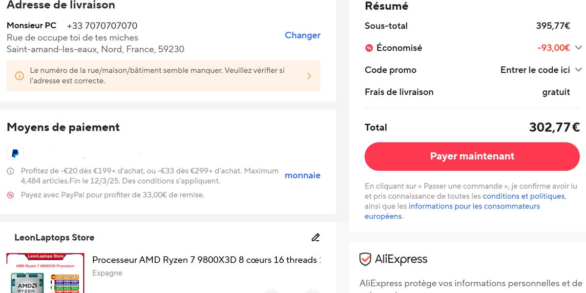 sieur_pc's tweet photo. Ryzen 7 9800X3D à 303€ 

Code Promo : BFFR60 (-60€)
Paiement : Paypal (-33€)

Marchand Espagnol fiable
Livré en 2 à 6 jours

https://t.co/dTtkaRZIcw https://t.co/2t9QWRIxAp