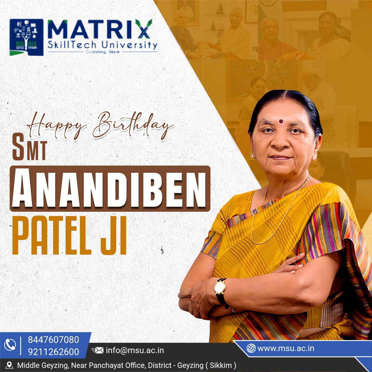 university19447's tweet image. “Matrix SkillTech University extends heartfelt birthday greetings to Smt. Anandiben Patel Ji! 🎉🌺
#BirthdayGreetings #AnandibenPatel #MatrixSkillTechUniversity #MSU #WarmWishes #InspiringLeader #SpecialDay #RespectAndRegards