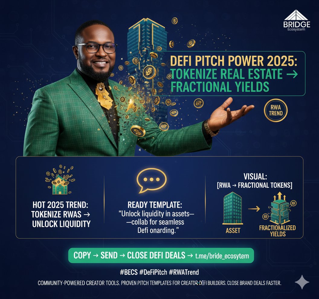 DeFi pitch power!

Hey <a href="/Bridge_EC0/">Bridge Ecosystem</a> Fam, DeFi niche alert: 

Tokenize RWAs like real estate for fractional yields—a huge 2025 trend!

Our template: "Unlock liquidity in assets—collab for seamless DeFi onboarding." 

Copy &amp; send! 

Grab more: t.me/Bride_Ecosystem tonight  #BECS