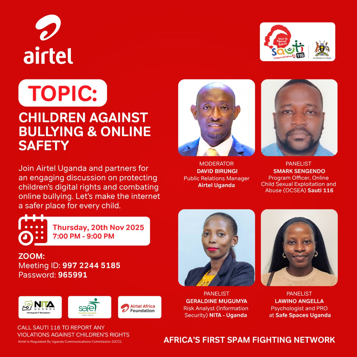 Airtel_Ug's tweet image. Let’s keep every child safe online. 

Join us this Thursday on zoom as we discuss how to protect children from bullying and safeguard their digital rights. 

Together, we can build a safer internet for the next generation. #WorldChildrensDay